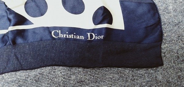Christian Dior クリスチャンディオール　スカーフ　ネイビー×オフホワイト×イエロー系　◎A377_画像7