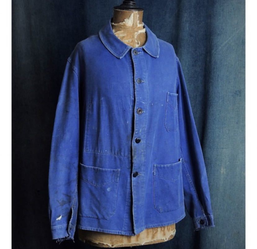 30s 40s French vintage work jacket Vポケット 丸襟 Aライン フレンチ ワークジャケット 古いコットンツイル 狼 刺繍タグ_画像1