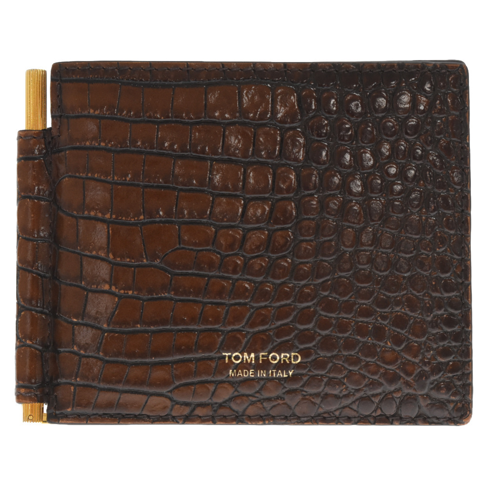 TOM FORD トムフォード クロコ型押しマネークリップ付き二つ折り財布 ブラウン_画像1