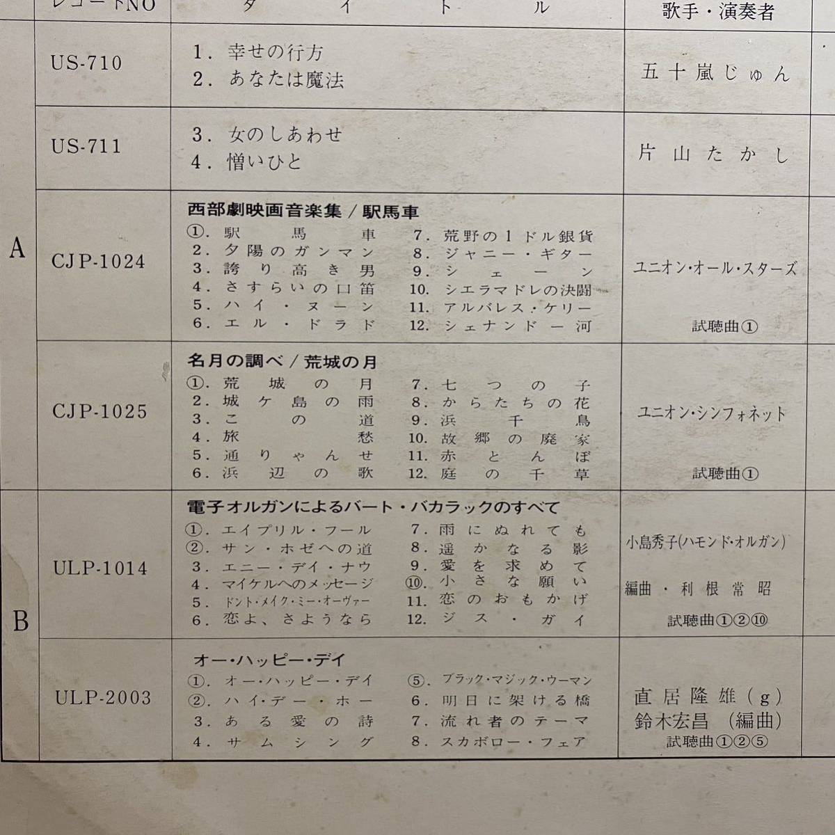 見本盤LP ユニオン 7月新譜Sマンダイジェスト盤 直居隆雄 鈴木宏昌 /オー・ハッピー・デイ (ULP-2003)より3曲収録 五十嵐じゅん_画像2