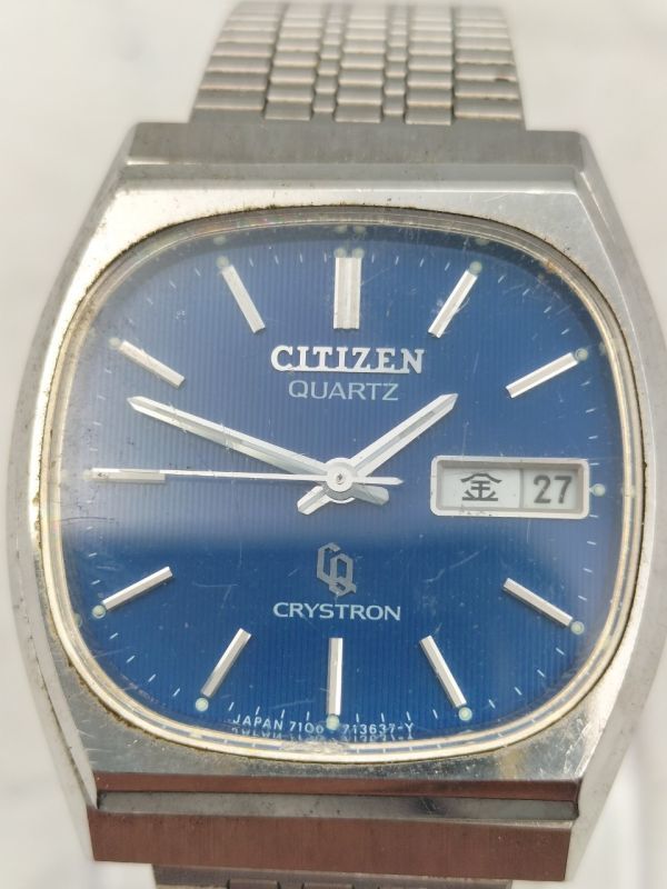 YY63 1円～ 不動品 シチズン CITIZEN クリストロン CRYSTRON 4-730780 クオーツ デイデイト 腕時計 青文字盤 ステンレス メンズ 社外ベルト_画像6