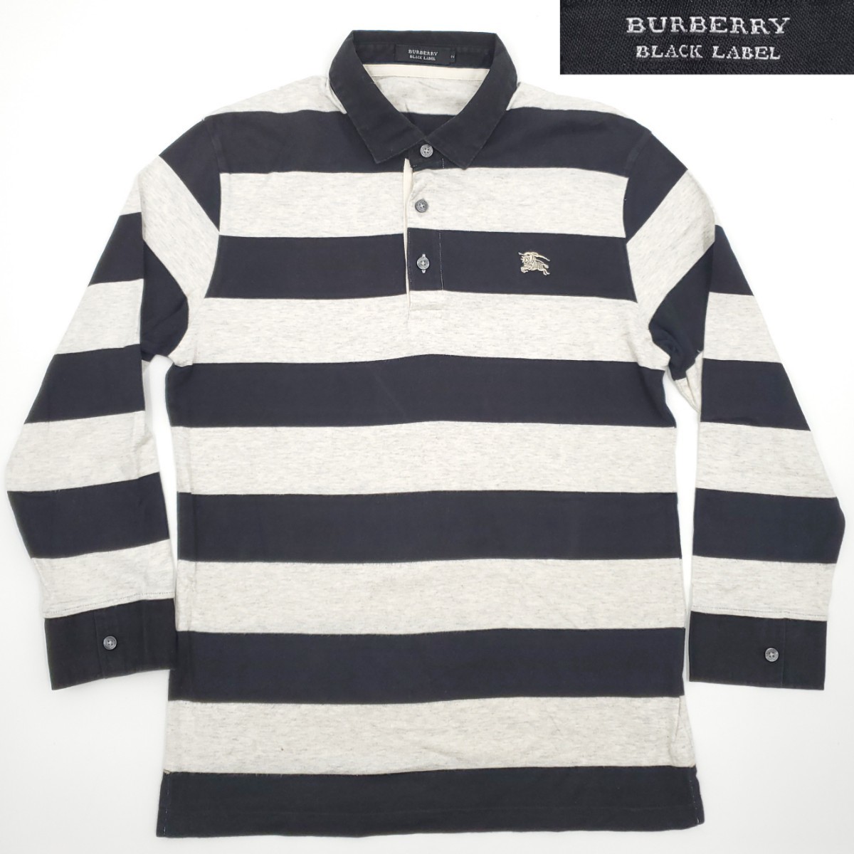 日本製廃番★BURBERRY BLACK LABEL★M位2長袖ラガーシャツ黒グレーボーダーホース刺繍ポロバーバリーブラックレーベル三陽商会正規品SZJ155_画像1