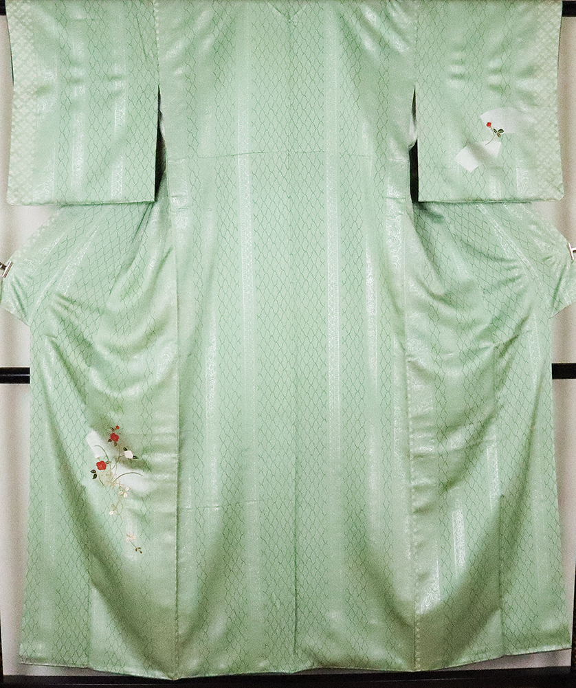 訪問着 正絹 緑 文様縞 刺繍花 7号 Mサイズ ki19682 新品 公式行事 送料無料