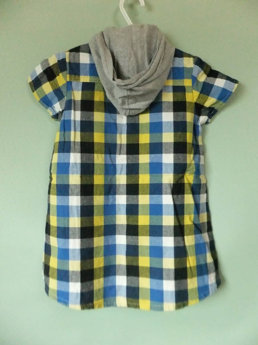 **Skip land check pattern with a hood piling put on manner * short sleeves shirt tunic 100 size blue × black × white × yellow color cotton 100%