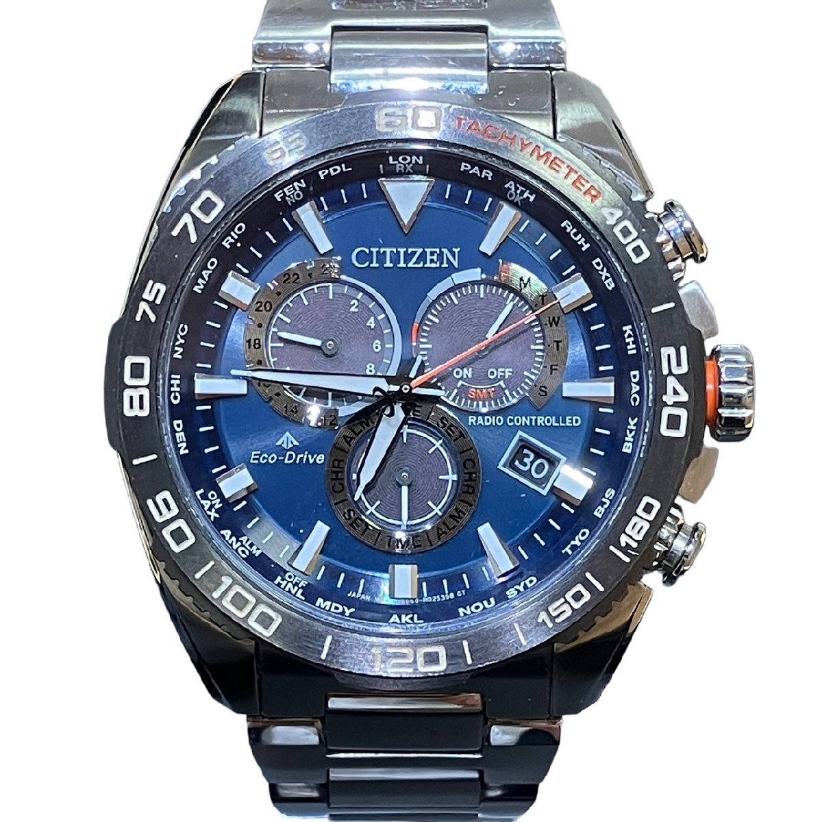 CITIZEN シチズン エコドライブ プロマスター クロノグラフ ソーラー電波 ブルー文字盤 SS E660-R010514 メンズ腕時計 稼動品_画像1