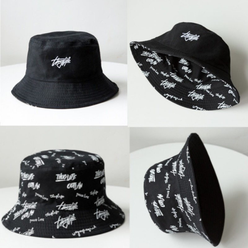 ロゴ入りリバーシブルバケットハット帽子 黒ブラックメンズレディース韓国ストリート_画像2