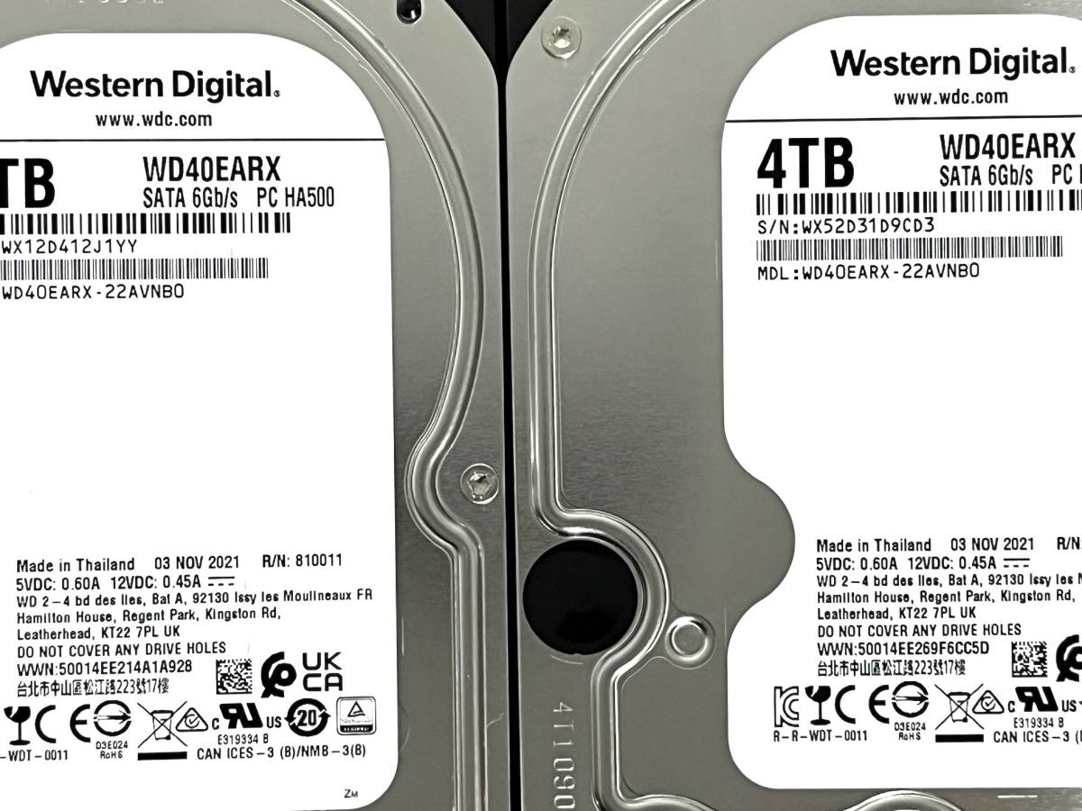 【送料無料】 2個セット ★ 4TB ★　Western Digital / WD40EARX 【使用時間：25ｈ＆24ｈ】 2021年製　新品同様　3.5インチ内蔵HDD SATA_画像4