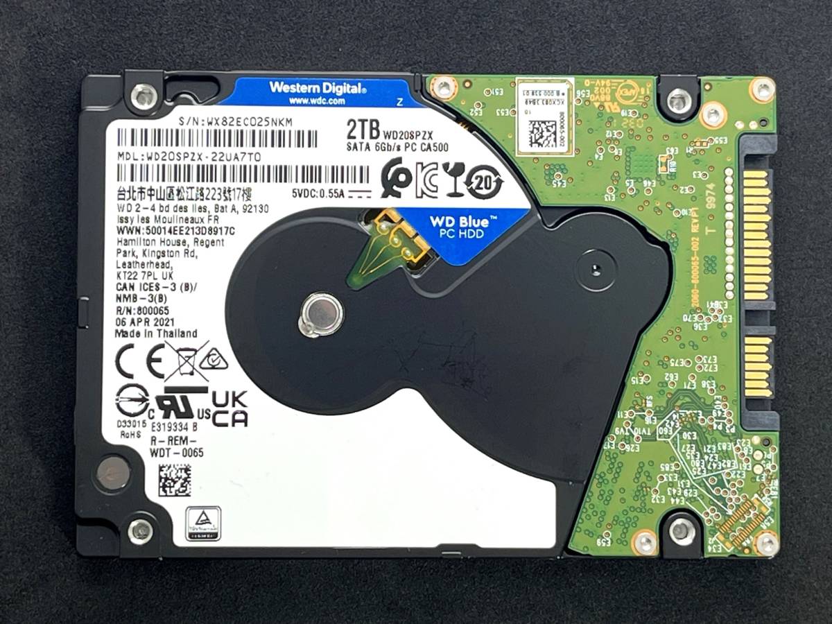 【送料無料】 ★ 2TB ★　WD Blue　/　WD20SPZX　【使用時間：635 ｈ】2021年製　Western Digital Blue　稼働少 2.5インチ内蔵HDD/7mm 即決_画像1