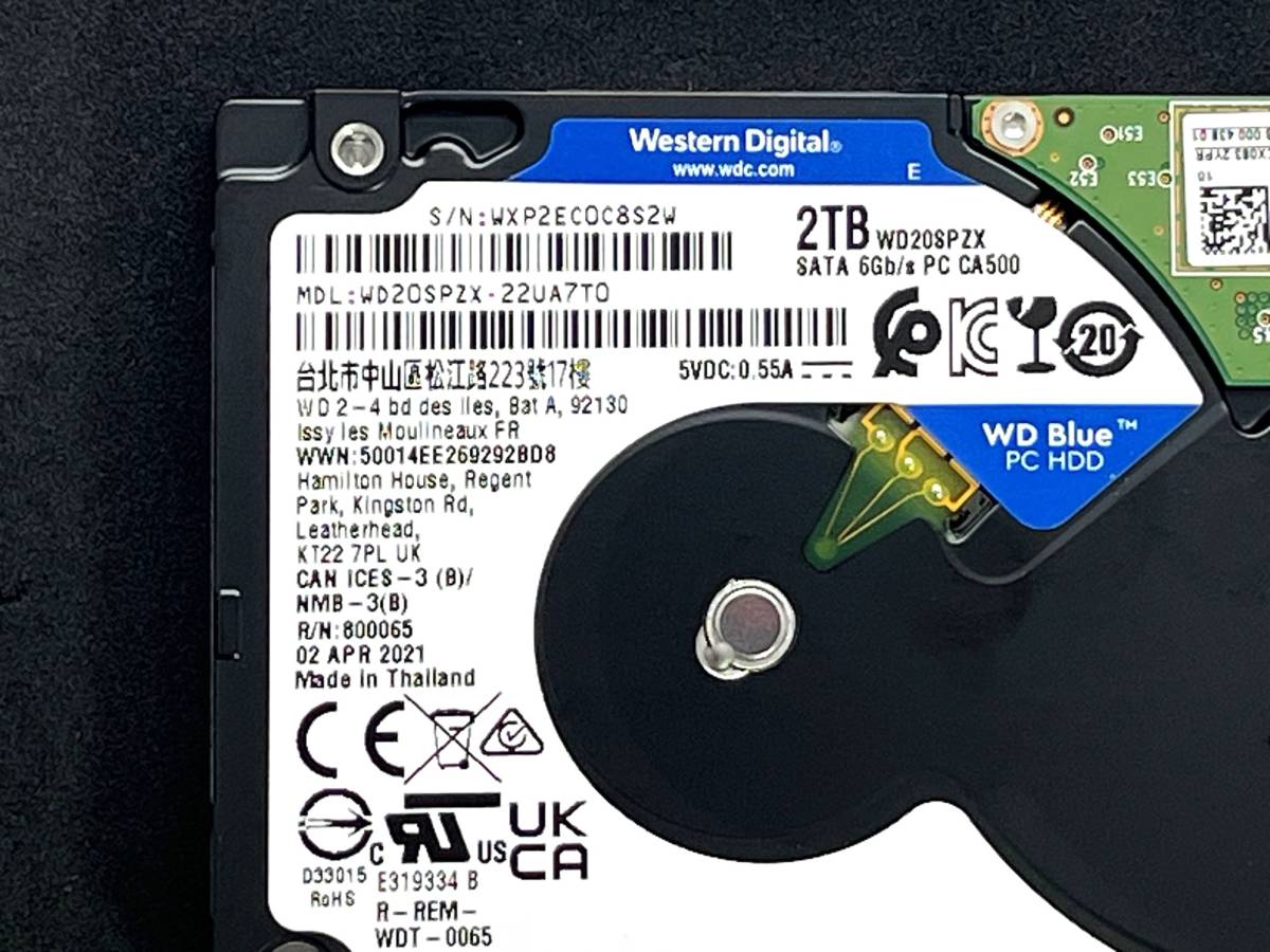 【送料無料】 ★ 2TB ★　WD Blue　/　WD20SPZX　【使用時間：222 ｈ】2021年製　Western Digital Blue　稼働少 2.5インチ内蔵HDD/7mm 即決