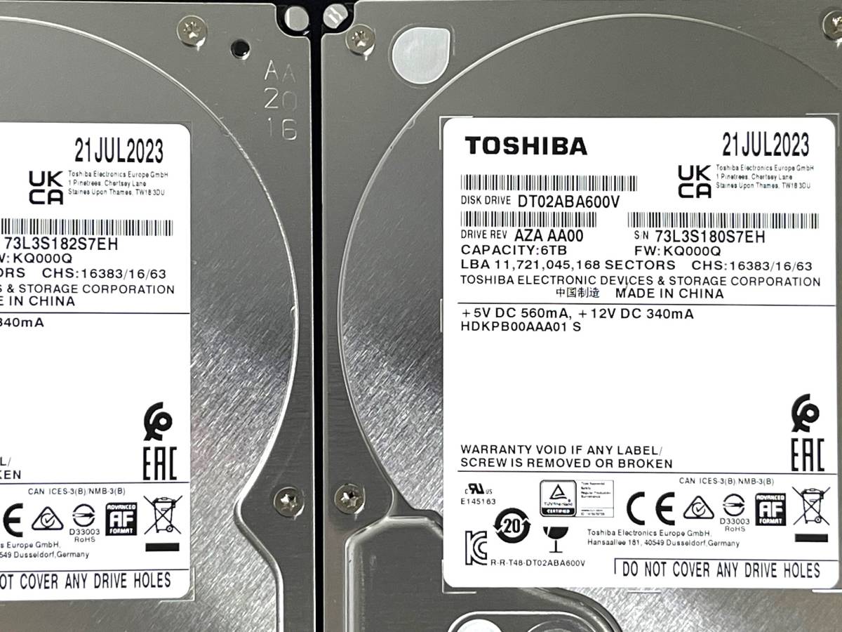 【送料無料】 2個セット ★ 6TB ★　DT02ABA600V　/　TOSHIBA 【使用時間：0 ｈ＆ 0 ｈ】 2023年製　新品 未使用　3.5インチ 内蔵HDD SATA_画像4