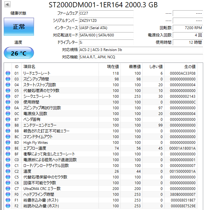 【送料無料】 ★ 2TB ★　ST2000DM001　/　Seagate　【 使用時間：12 ｈ 】稼働極少 3.5インチ内蔵HDD SATA　ST2000DM001-1ER164　FW: CC27