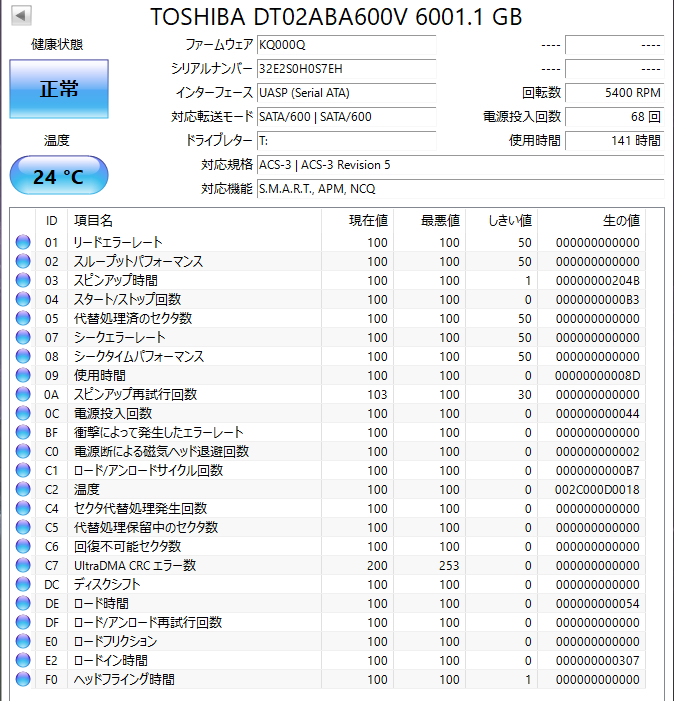 【送料無料】　★ 6TB ★　TOSHIBA / DT02ABA600V　【使用時間： 141 ｈ】　2022年製　稼働極少　3.5インチ内蔵HDD　SATA　AVコマンド対応_画像2