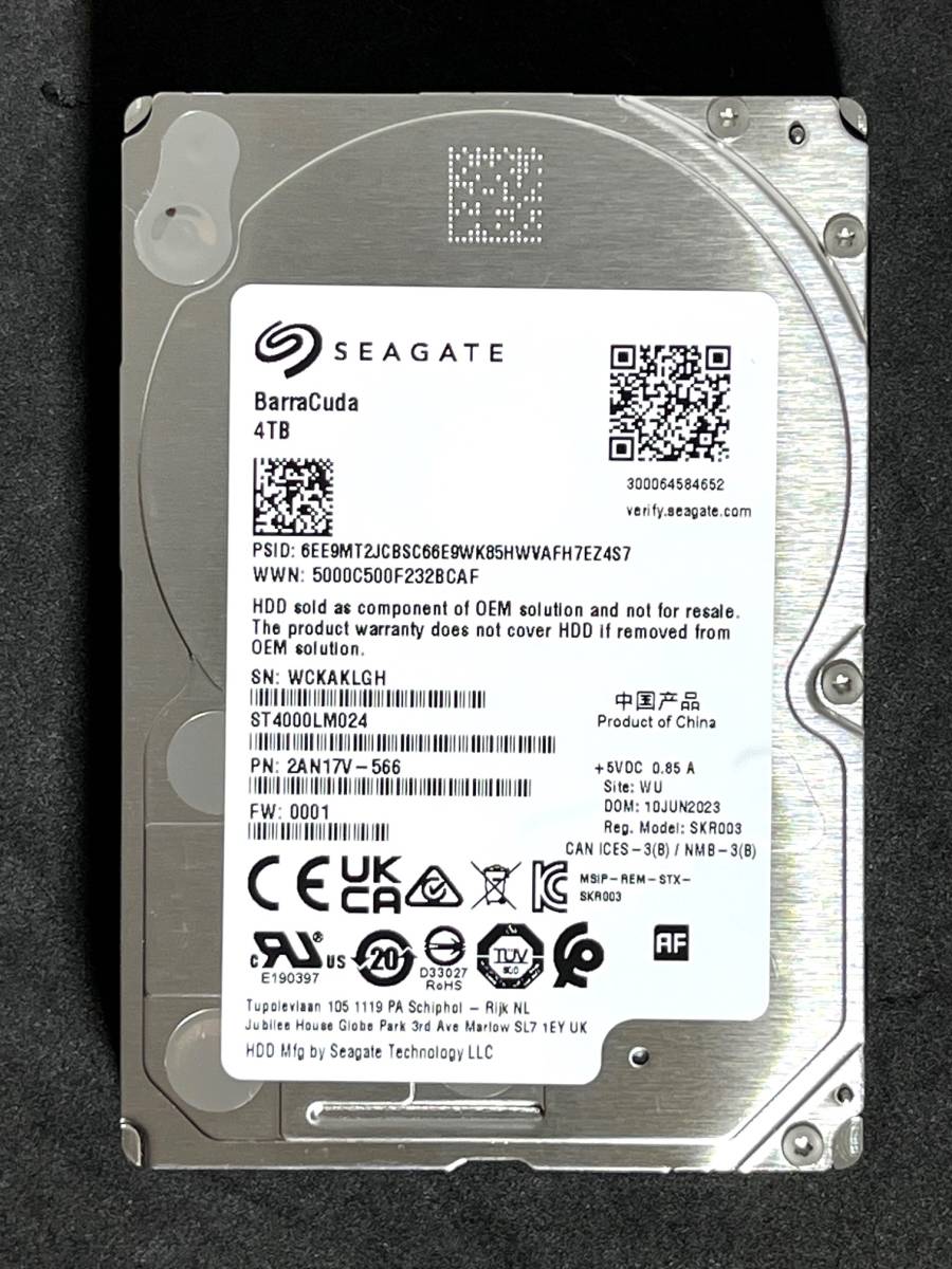 【送料無料】　★ 4TB ★　Seagate / ST4000LM024　【使用時間：33ｈ】　2023年製　新品同様　 2.5インチ内蔵HDD/15mm厚/SATA