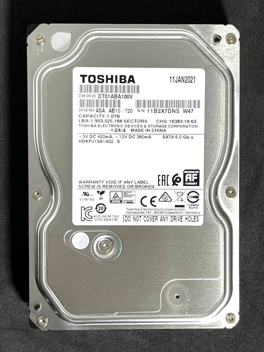 【送料無料】 ★ 1TB ★　TOSHIBA / DT01ABA100V 【使用時間： 144 ｈ】2021年製　稼働少　3.5インチ内蔵 HDD　SATA　東芝　AVコマンド対応_画像1