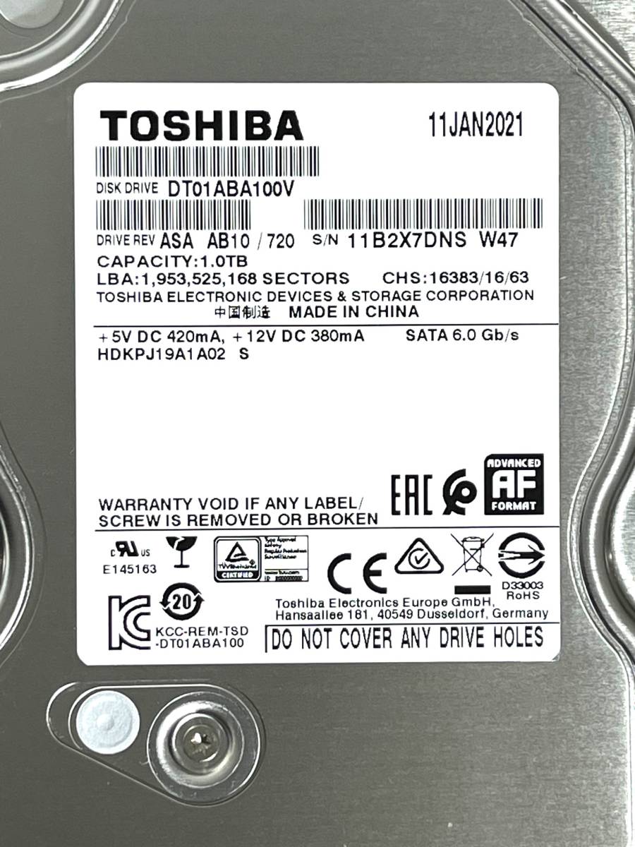 【送料無料】 ★ 1TB ★　TOSHIBA / DT01ABA100V 【使用時間： 144 ｈ】2021年製　稼働少　3.5インチ内蔵 HDD　SATA　東芝　AVコマンド対応_画像3