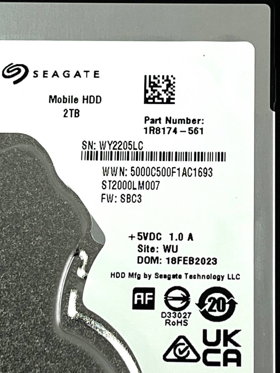 【送料無料】 ★ 2TB ★　Seagate　/　ST2000LM007　【使用時間：5ｈ】　2023年製　新品同様　 2.5インチ 内蔵HDD/7mm厚/SATA_画像3