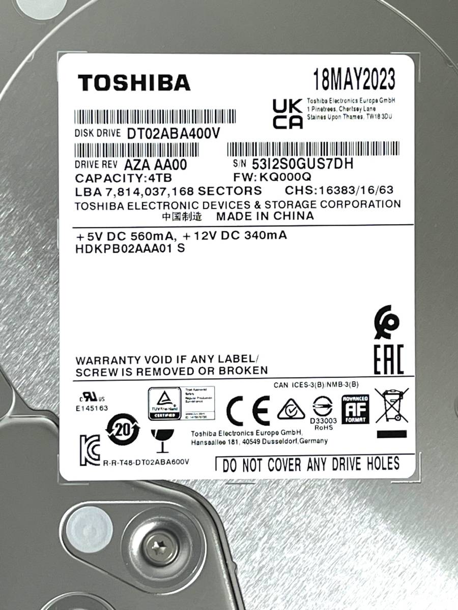 【送料無料】　★ 4TB ★　TOSHIBA / DT02ABA400V　【使用時間： 10 ｈ】　2023年製　新品同様　3.5インチ内蔵HDD　SATA　AVコマンド対応_画像3