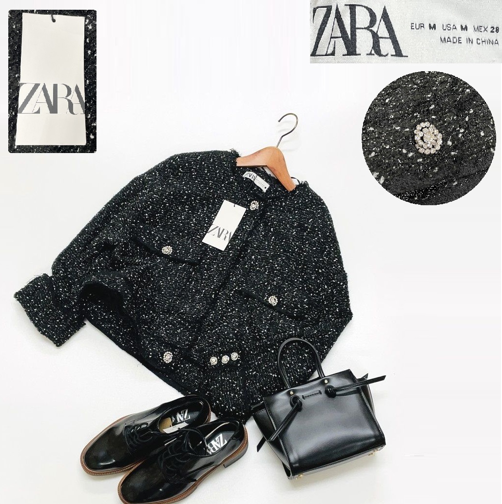 未使用品 /M/ ZARA ブラック 長袖ノーカラージャケット レディース タグカジュアルラインストーンボタンフォーマル大人可愛いデイリー ザラ_画像1