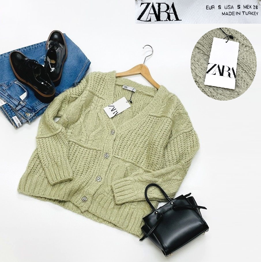 未使用品 /S/ ZARA グリーン パッチワークニットカーディガン レディース タグ カジュアル 羽織り 通勤 大人可愛い アウター デイリー ザラ