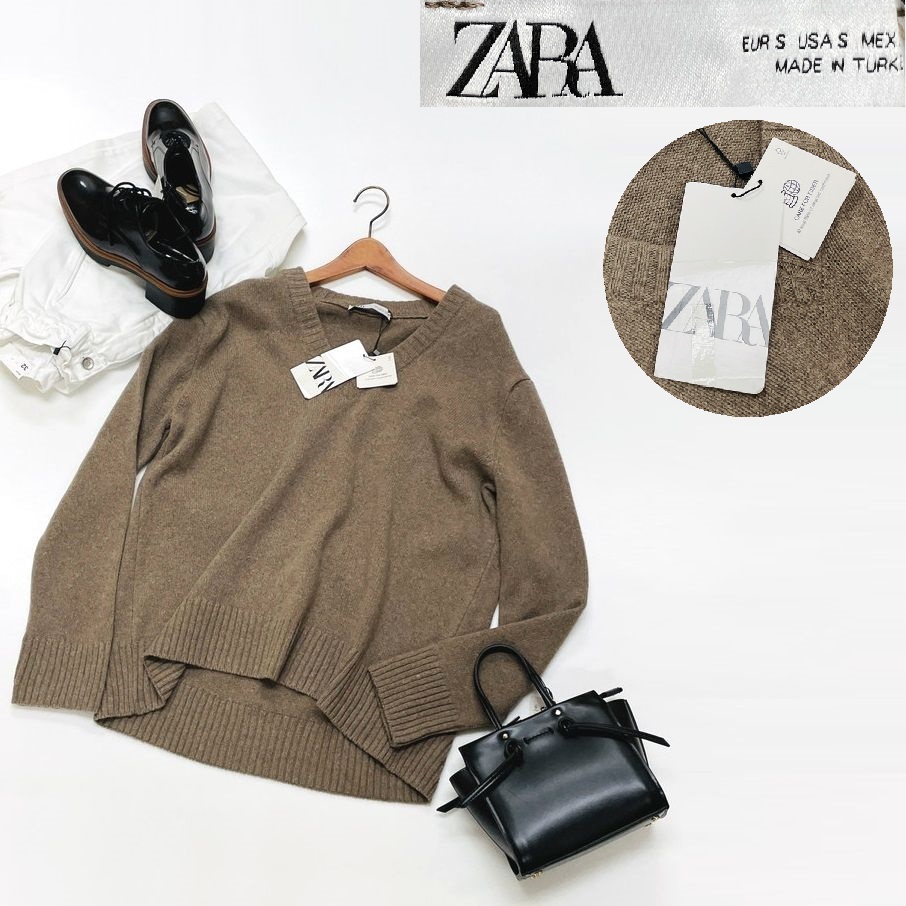 未使用品 /S/ ZARA ブラウン Vネック長袖カシミアセーター