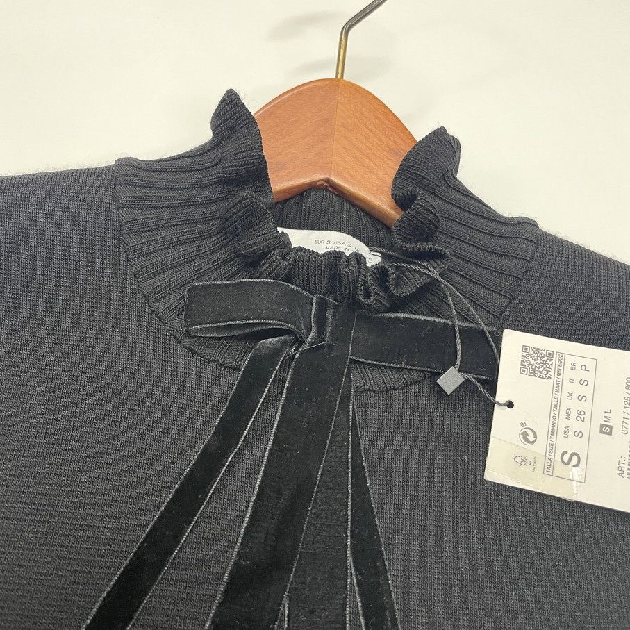 未使用品 /S/ ZARA ブラック ベルベットリボンニットドレス ワンピース レディース タグ カジュアルフォーマル 大人可愛い黒 デイリー ザラ