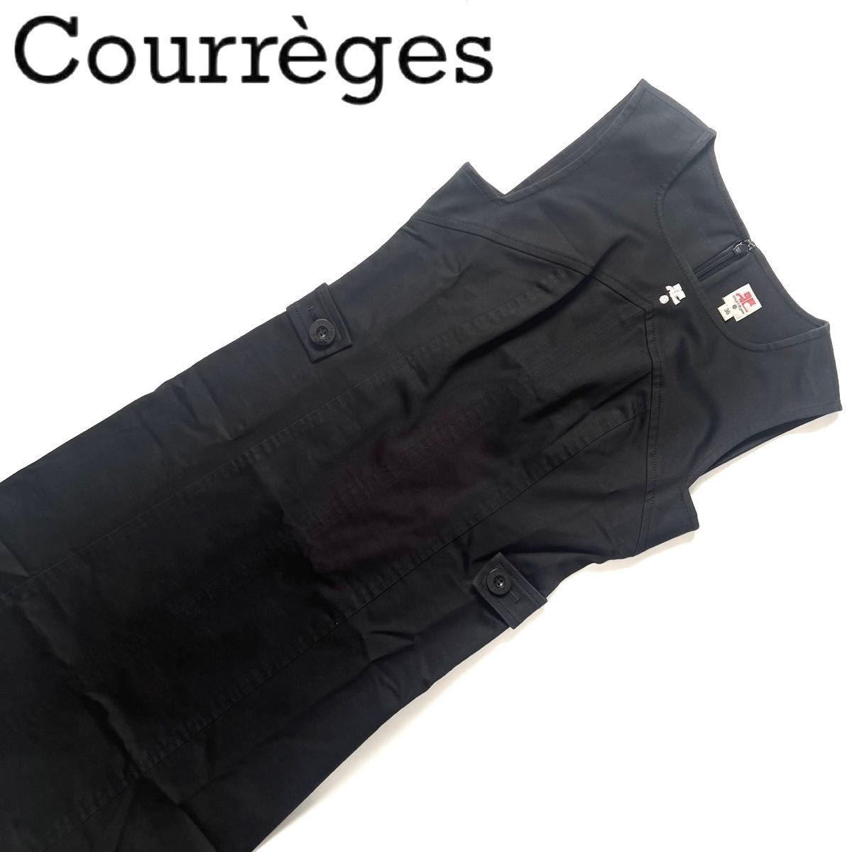 【送料無料】Courrges クレージュ スクエアネック　ワンピース　ロゴ刺繍　ブラック　黒　ノースリーブ　36 S レディース