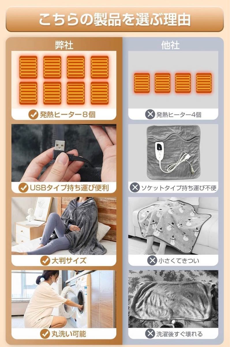 電気毛布 USB 掛け敷き兼用 電気ブランケット【 150cm*80cm】ひざ掛け電気 3段階温度調整 肩掛け 膝掛け 省エネ 洗える 丸洗い可能(グレー)_画像5