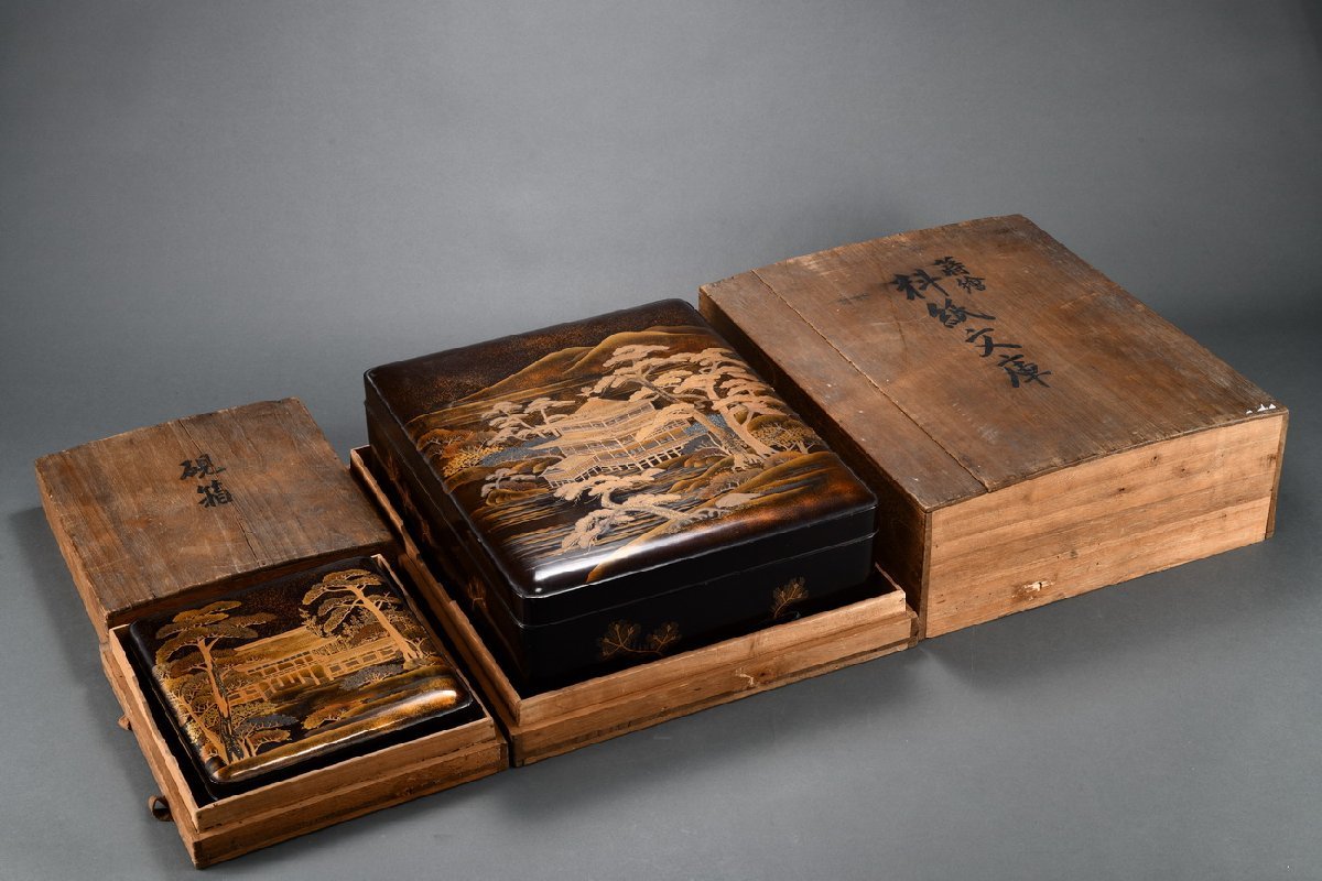 清】某有名コレクター買取品江戸時代総金蒔絵山水楼閣紋文庫・硯箱大名