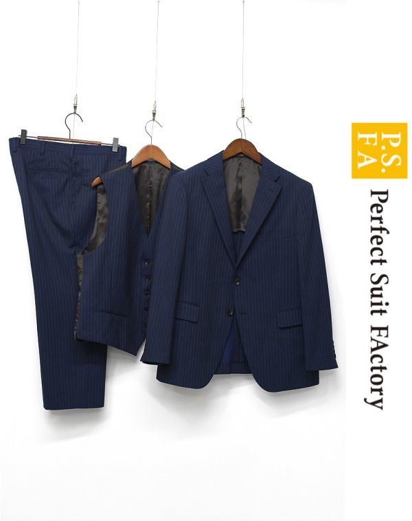 T187/美品 Perfect Suit FActory セットアップ スーツ テーラードジャケット ジレ ベスト パンツ ストライプ 2つ釦 背抜き 98BB5 M~L 紺_画像1