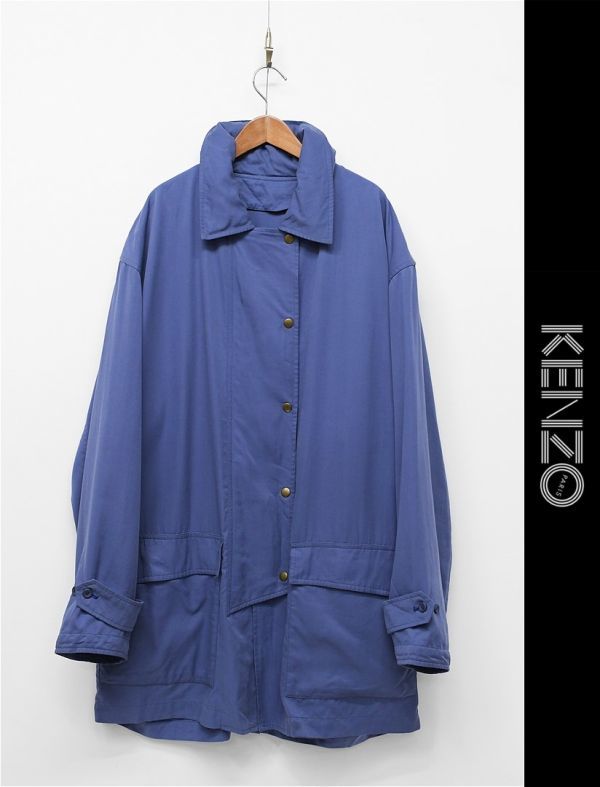 S216/KENZO ステンカラーコート ジャケット ドロップショルダー フリーサイズ M~L 青 日本製 春秋の画像1