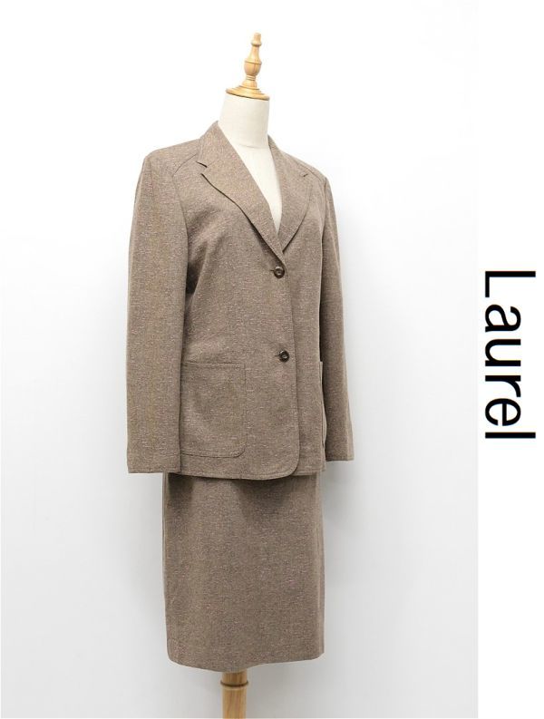 B321/美品 Laurel ESCADA セットアップ スーツ ツイード テーラードジャケット ひざ丈スカート 40 L~XL ブラウン ピンク 大きいサイズ