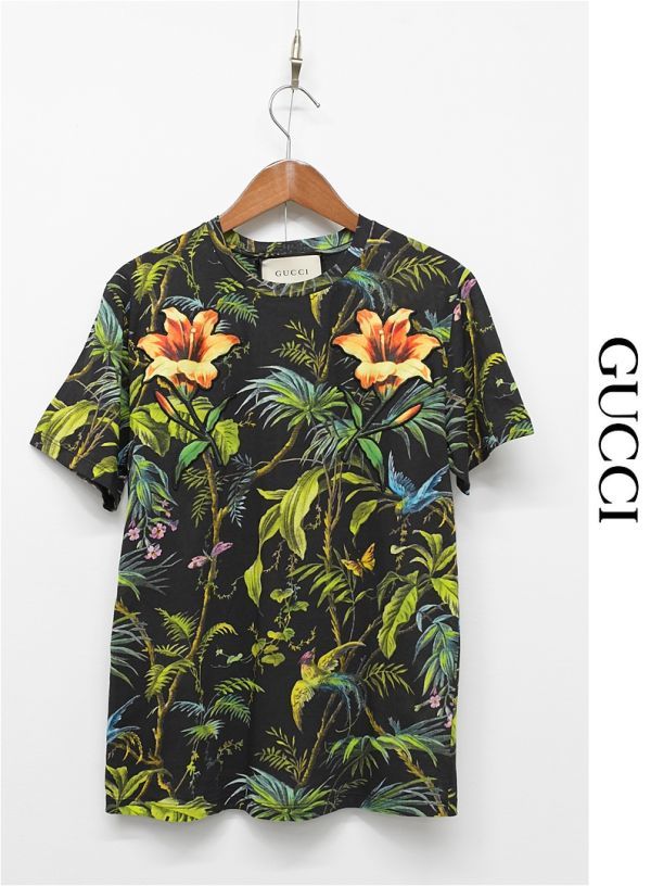 HGB-D326/未使用 GUCCI 半袖Tシャツ カットソー トロピカル 総柄 花柄 鳥 パッチ 現行タグ 爽快コットン XS 緑 黒系 ユニセックス 春夏秋_画像1