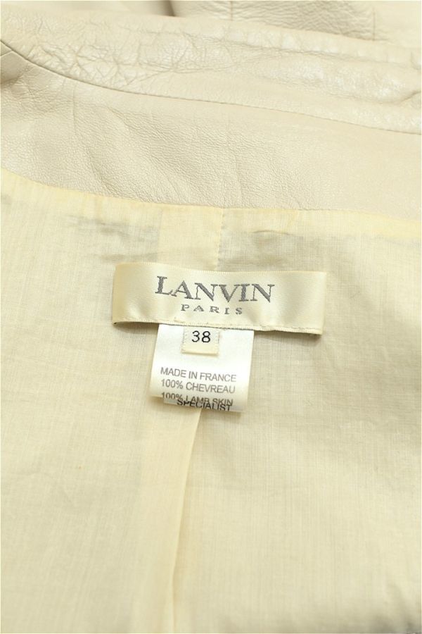 L282/フランス製 LANVIN ラムレザージャケット シングルライダース ラムスキン 羊革 本革 5分袖 ジップアップ 38 M 生成色 アイボリーの画像6
