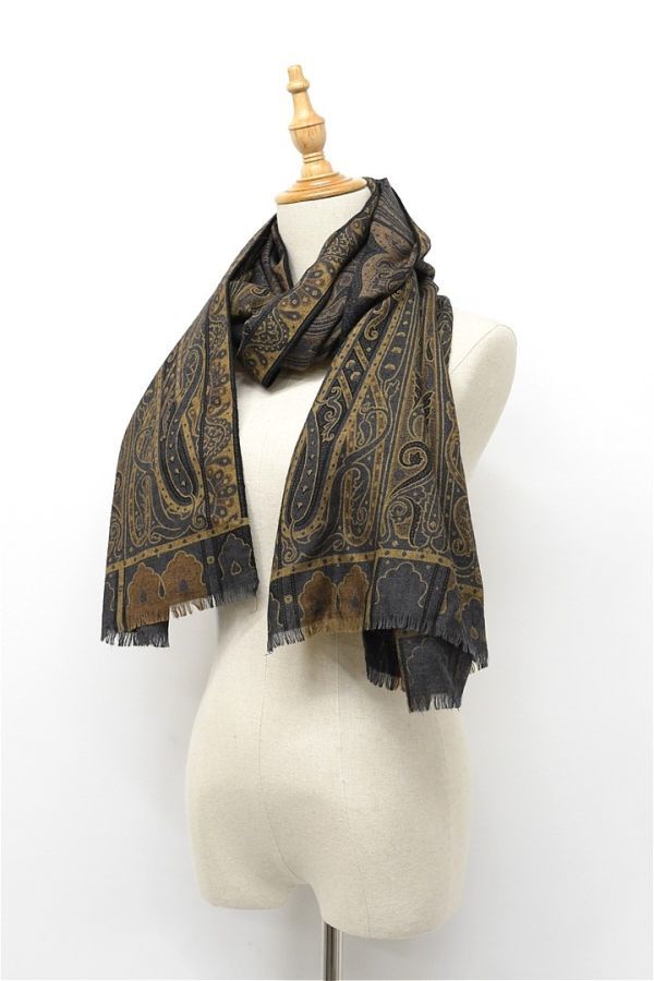 HGA-X135/ beautiful goods ETRO large size scarf stole muffler total pattern peiz Lee pattern silk . Brown gray Italy made 