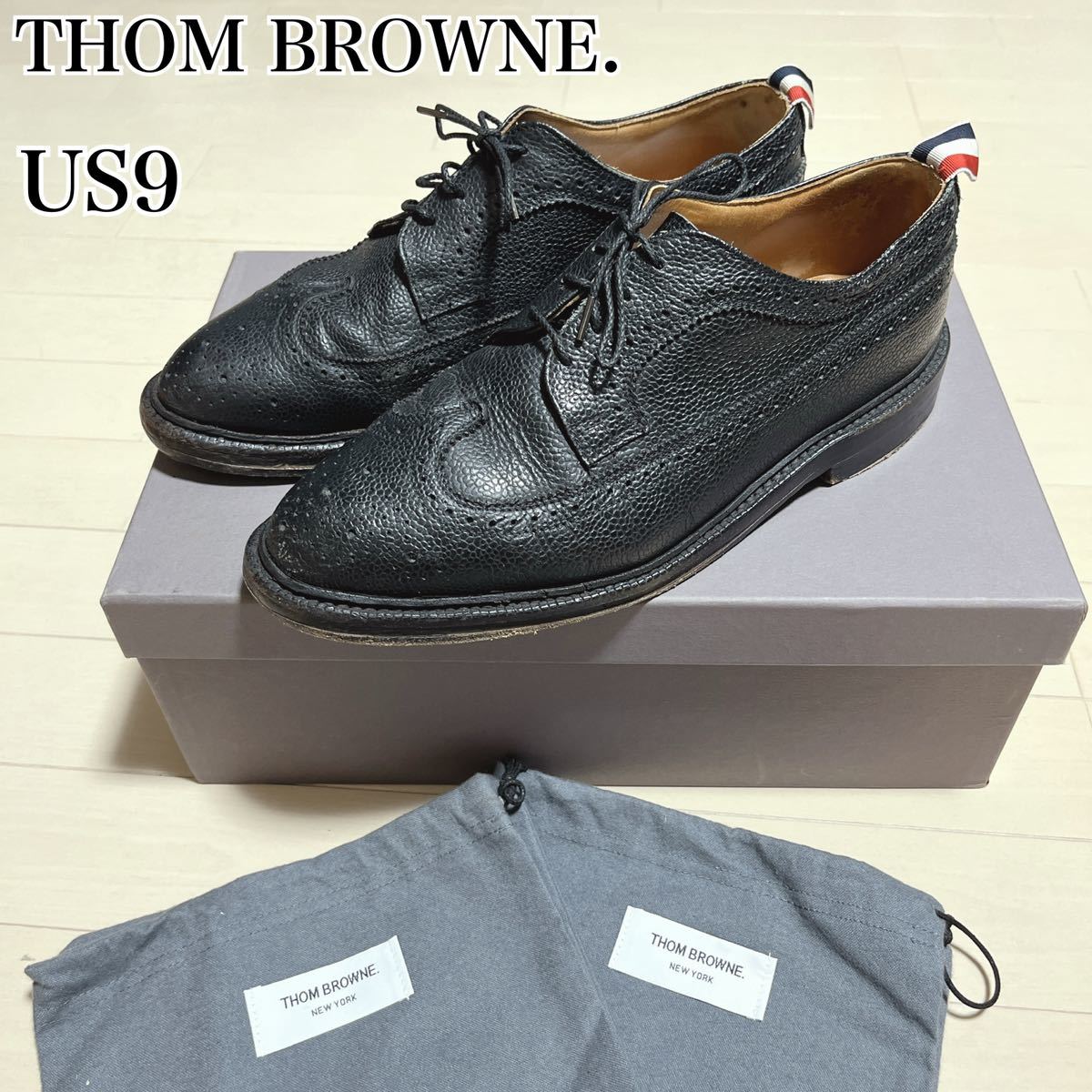 THOM BROWNE. トムブラウン ウイングチップ レザーシューズ ドレスシューズ 靴 トリコロール US9 メンズ 黒 箱 保存袋付き