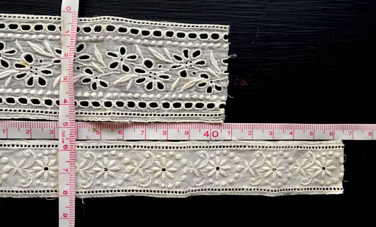19世紀-20世紀 フランス レース2本 アンティーク 刺繍 布 縫製 古布 カットワーク スカラップ トリム チュール リメイク_画像4