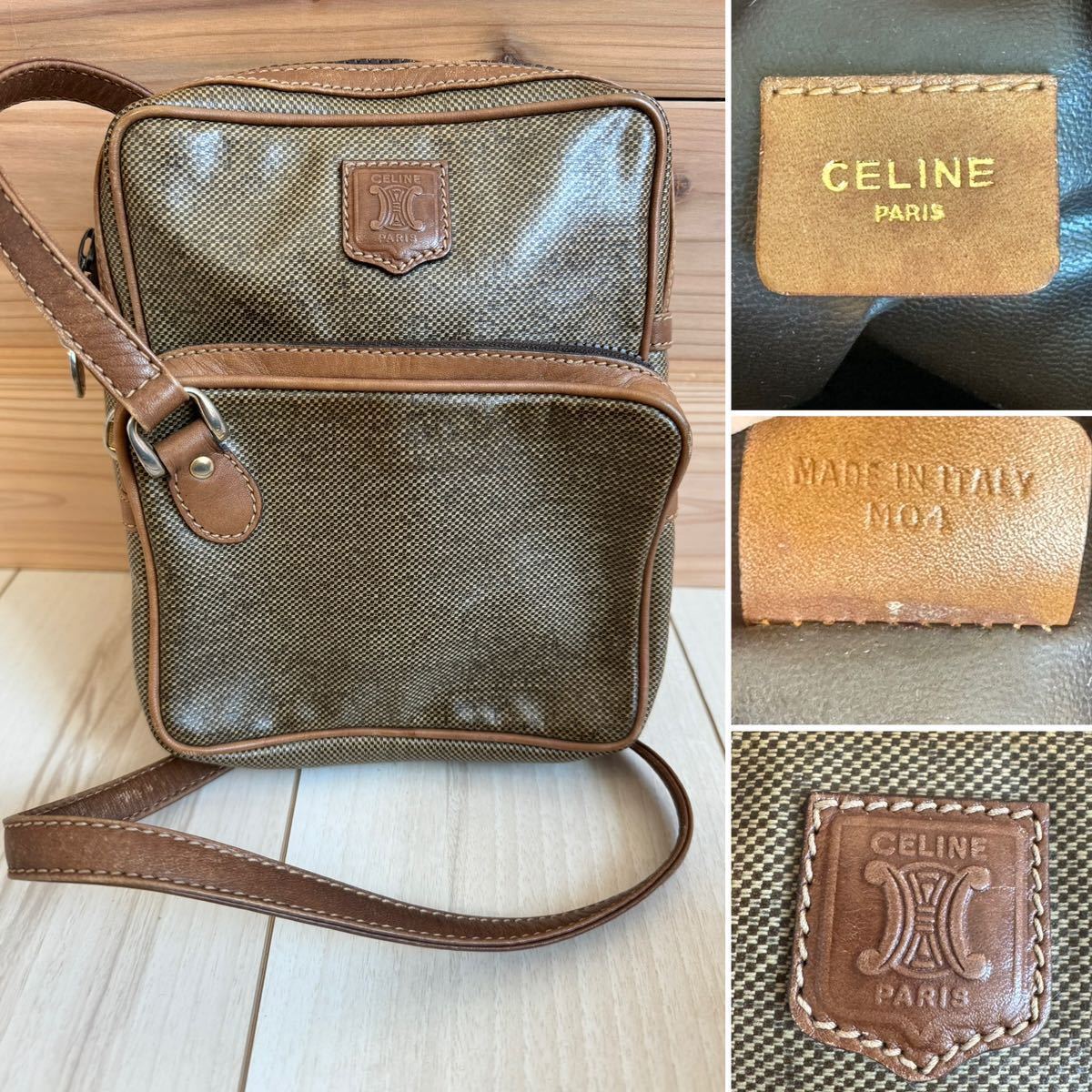 ☆CELINE セリーヌ☆ショルダーバック 斜めがけショルダー バッグ☆ブラウン ベージュ PVC×レザー マカダムマーク☆MO4☆イタリア製☆_画像1