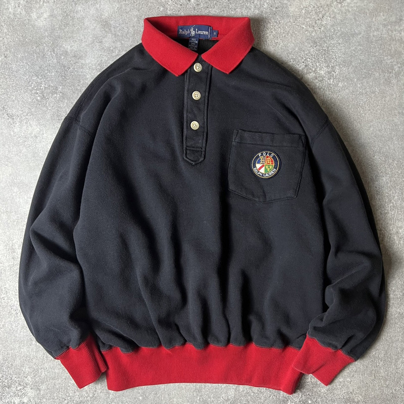 90s RALPH LAUREN クッキークレスト 刺繍 スウェット ポロシャツ S / 90年代 オールド POLO ポロ ラルフローレン トレーナー