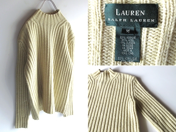 希少 90sビンテージ RALPH LAUREN ラルフローレン アクリル ウール アルパカ ワイドリブ モックネックニット セーター M エクリュ USA企画_画像1