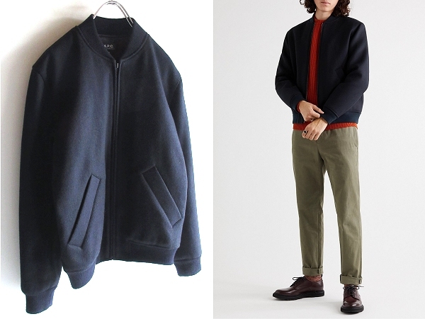 美品 A.P.C. アーペーセー ririジップ 中綿 エコダウン入 ウールメルトン ボンバージャケット MA-1ブルゾン XS ネイビー 紺 BLOUSON KARL