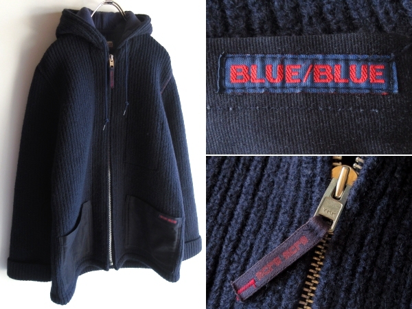 名作 BLUE BLUE 圧縮ニット 肉厚 ヘビーウール フードジャケット ロゴワッペン パッチポケット フードジャケット パーカー 2/M インディゴ