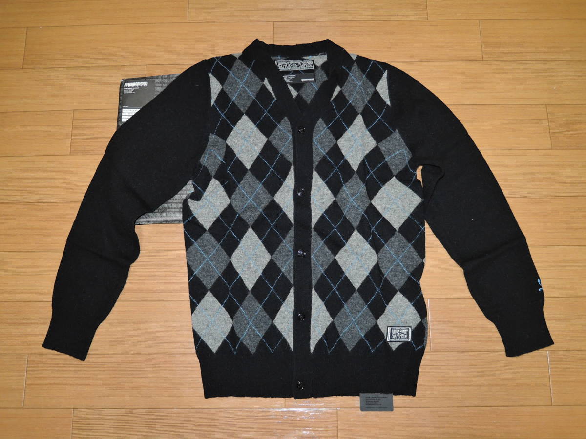 新品 ネイバーフッド NEIGHBORHOOD アーガイル ニット カーディガン S 黒 ARGYLE.CARDIGAN/W-KNIT.LS