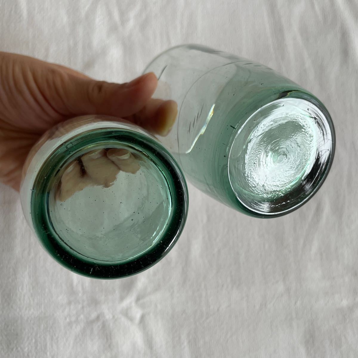 昭和戦前 ガラスコップ グラス 和ガラス 青緑 深緑 ヨット 船 海 エッチング 2点 Japanese vintage pressed glass cup_画像5