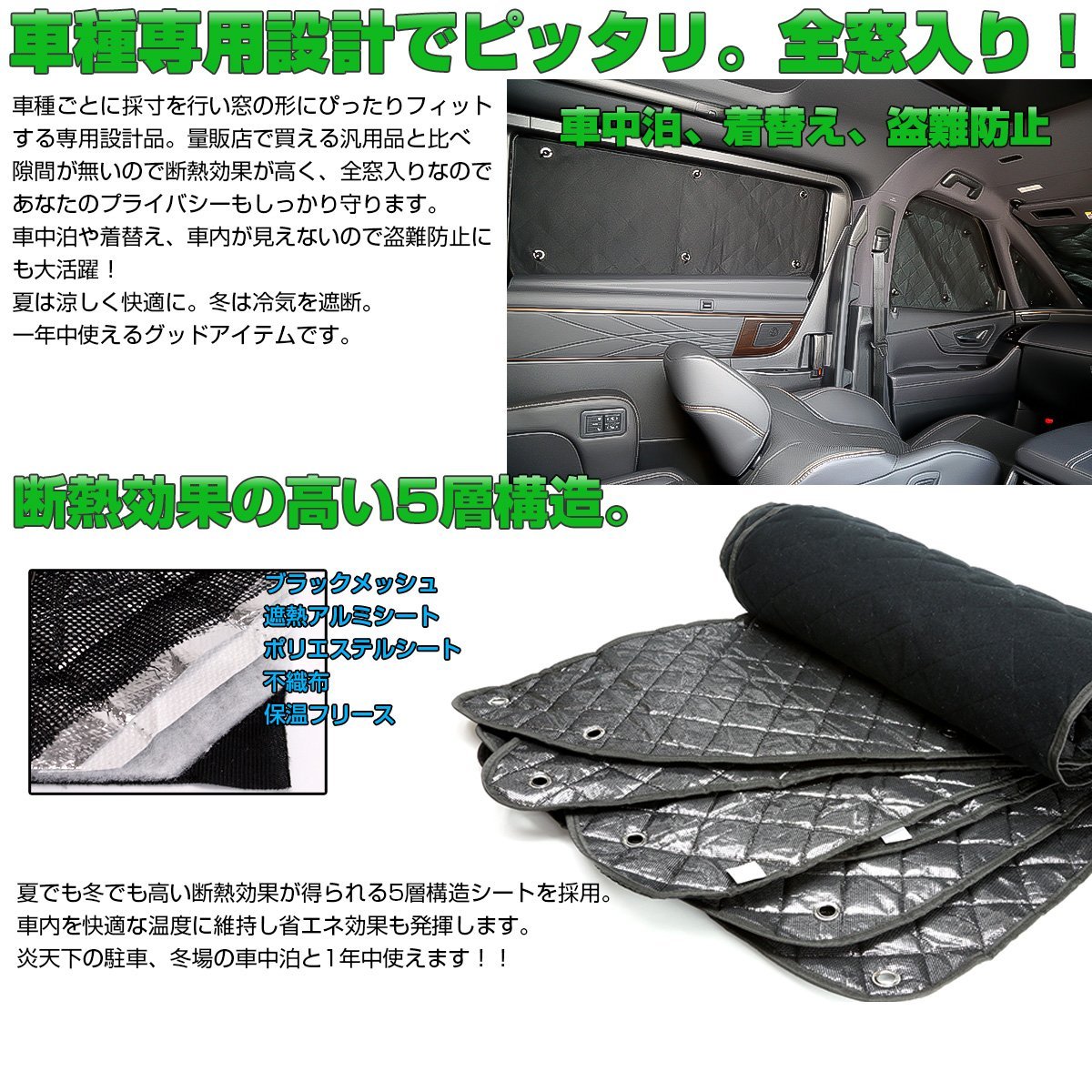 HM1 HM2 バモス 専用設計 サンシェード全窓用セット 5層構造 ブラックメッシュ 車中泊 プライバシー保護に S-637_画像2