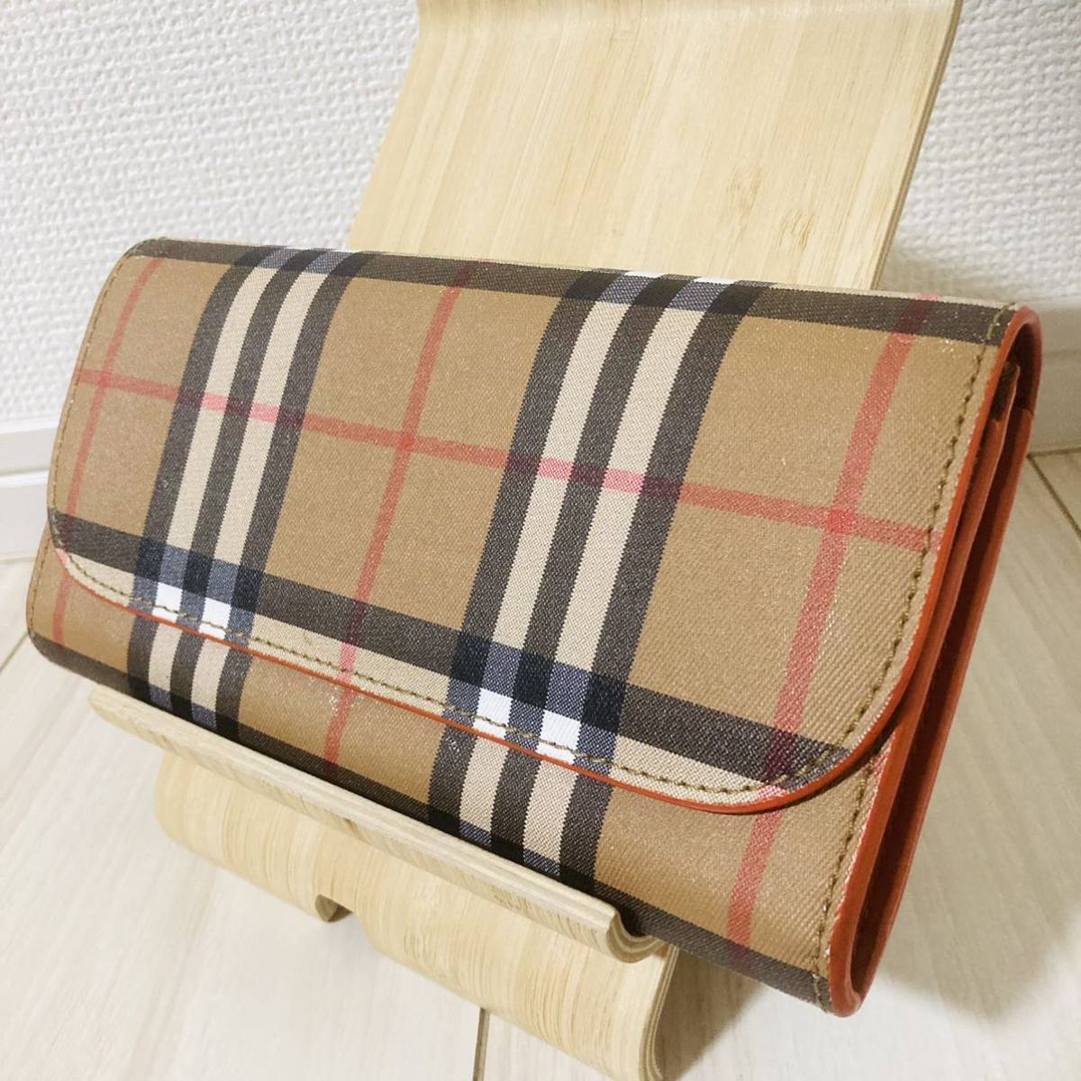 ★即決★ BURBERRY バーバリー 財布 長財布 サイフ ウォレット ノバチェック PVC オレンジ ホック式 ユニセックス ブラウン BR 茶色