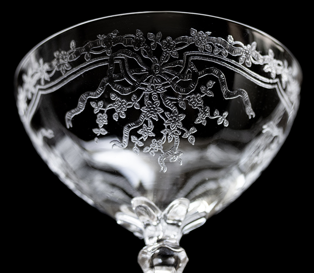 1928年～ フォストリア クリスタル ジューン リボン エッチング シャンパン カクテル グラス 酒 バーグラス デザートグラス アンティーク_画像3
