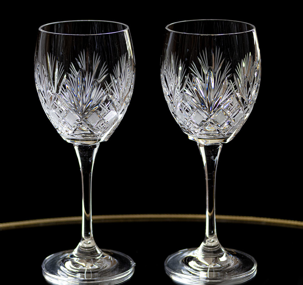 ボヘミア クリスタル クリスタレックス カッティング シャンパン ワイングラス 2脚セット ビンテージ 酒 チェコの画像1
