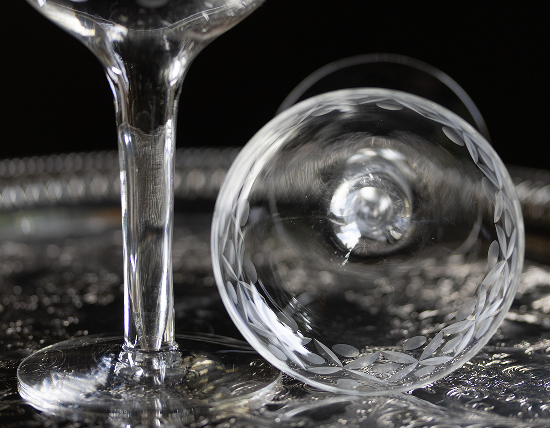 セネカグラス ホローステム エッチング カクテル シャンパングラス ２個セット バーグラス 酒 アンティーク ビンテージ_画像6