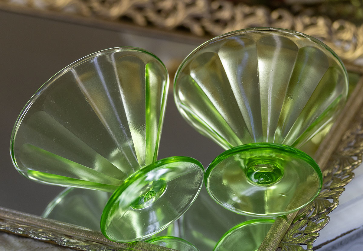 1930年代 フェデラル グラス グリーン シャーベットグラス 2個セット デザートグラス ボウル アンティーク ウランガラス ヴァセリングラス_画像2