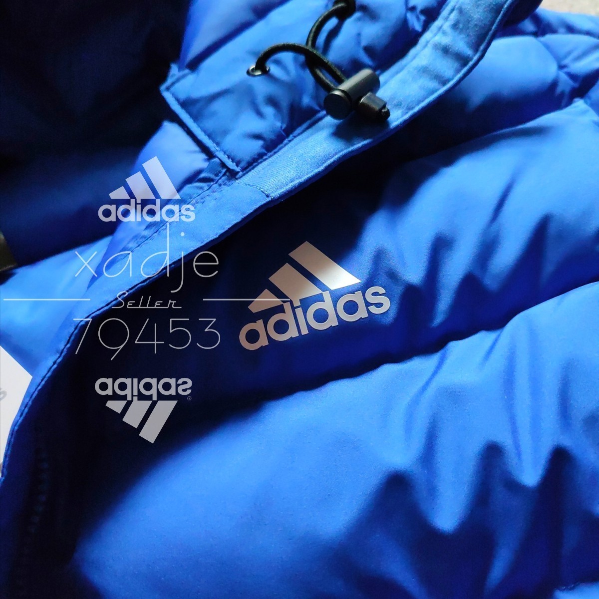 新品 正規品 adidas アディダス 中綿 パファージャケット 青 ブルー 白 ロゴ プリント 三本ライン入り 防寒 厚手 M_画像3